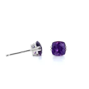 14K White Gold Cushion Amethyst Stud Earrings