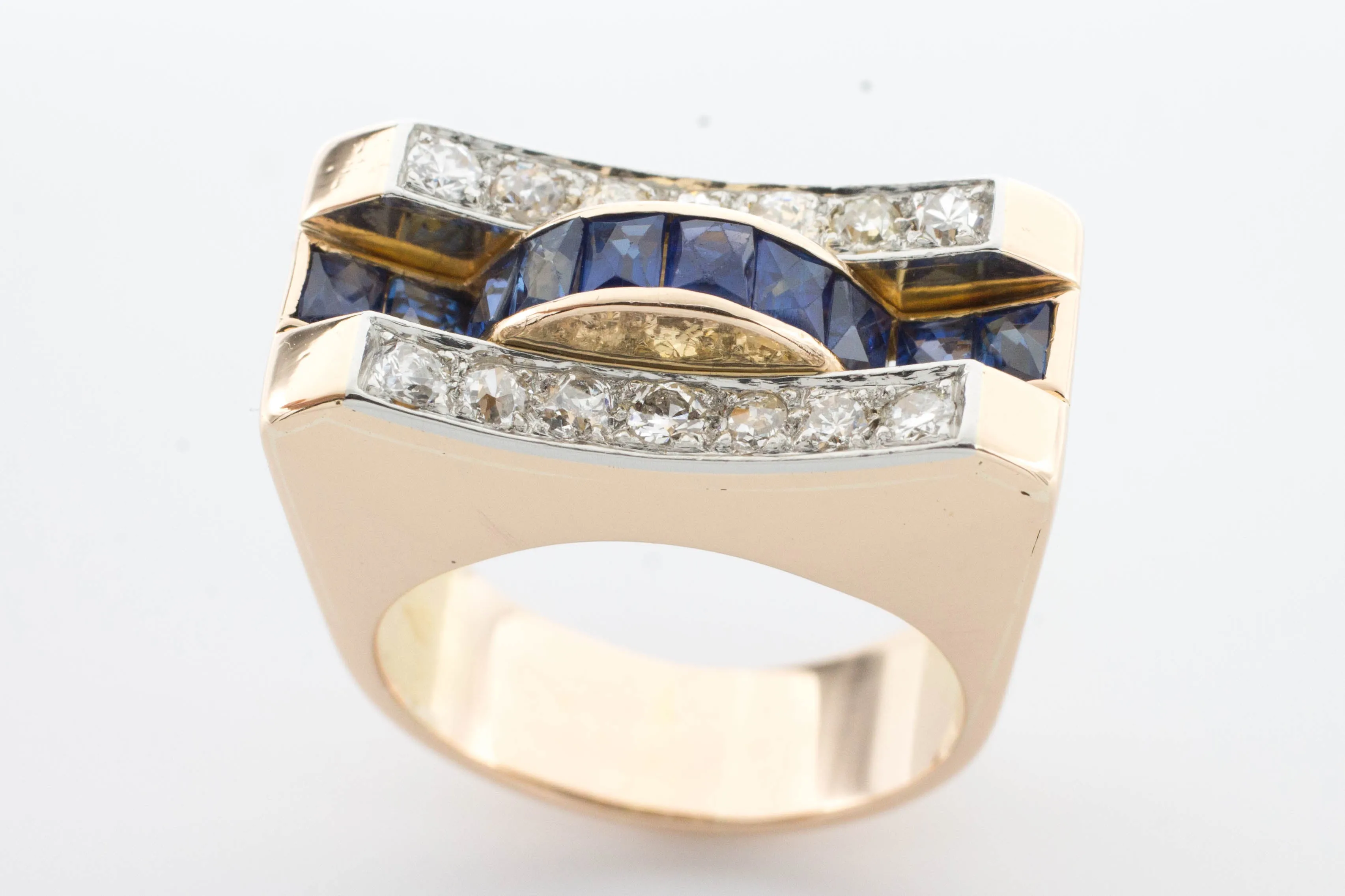 Art Deco style sapphire and diamond ring in rose gold