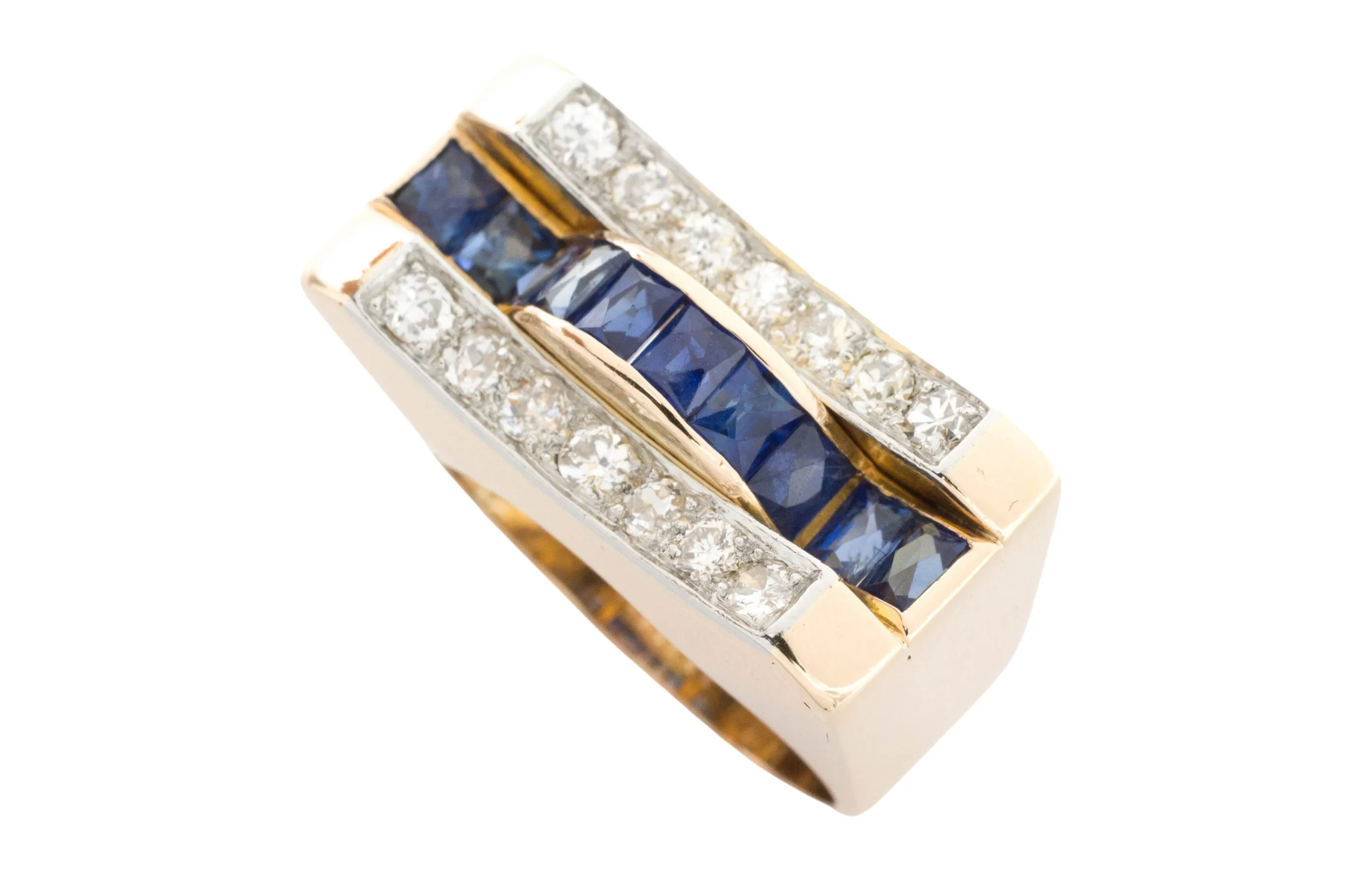 Art Deco style sapphire and diamond ring in rose gold