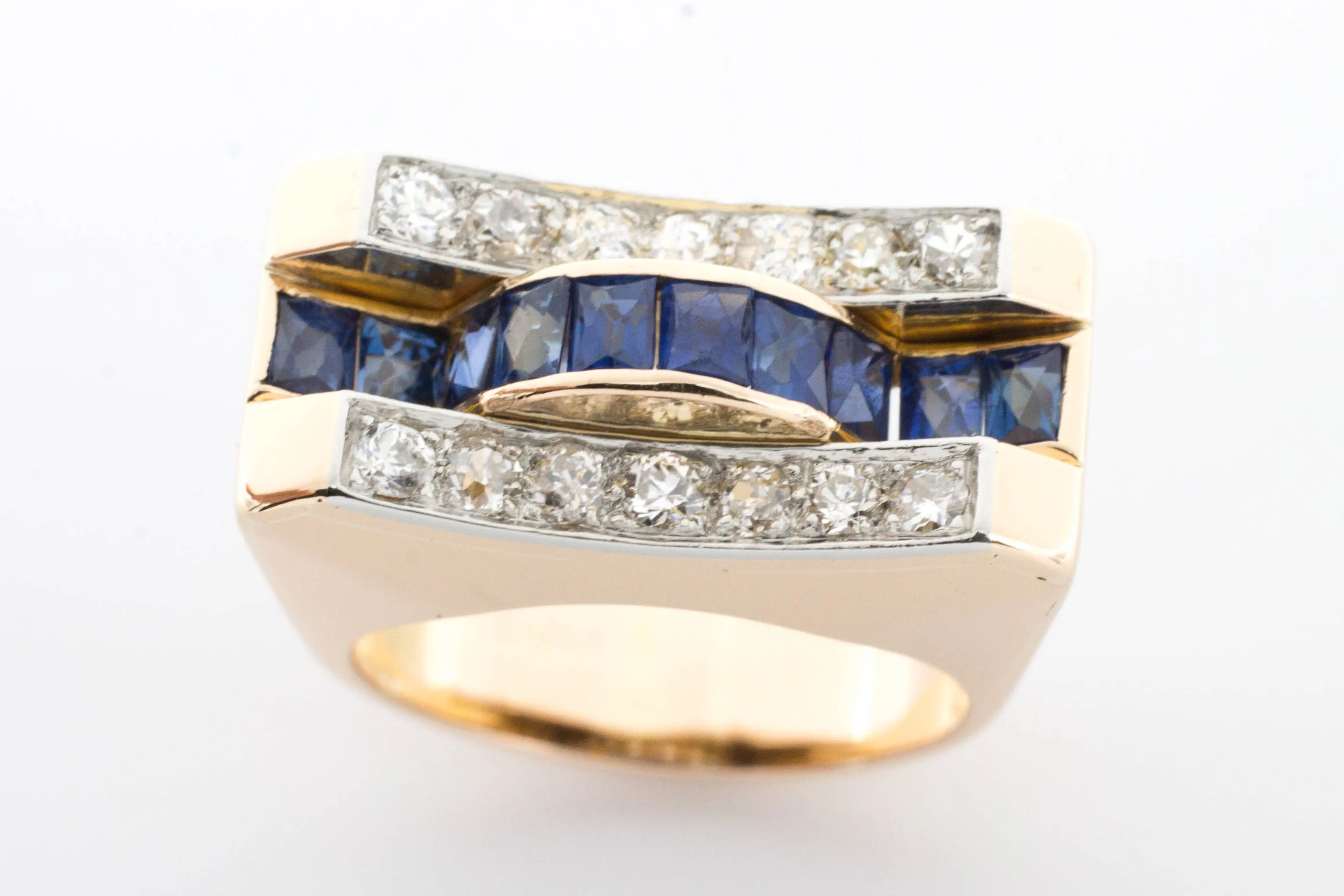 Art Deco style sapphire and diamond ring in rose gold