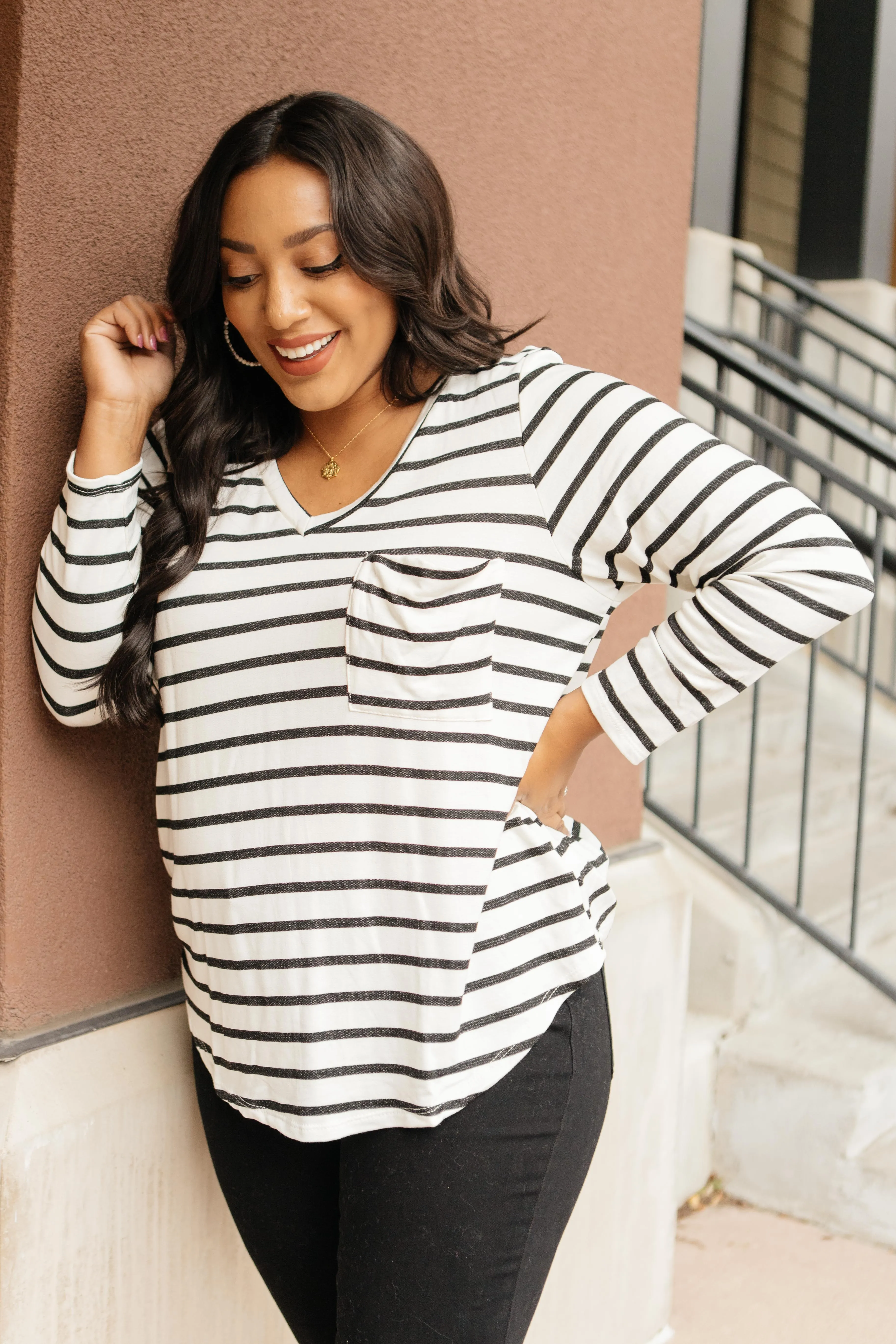 Basically Striped Long Sleeve Top in Ivory and Black - On Hand