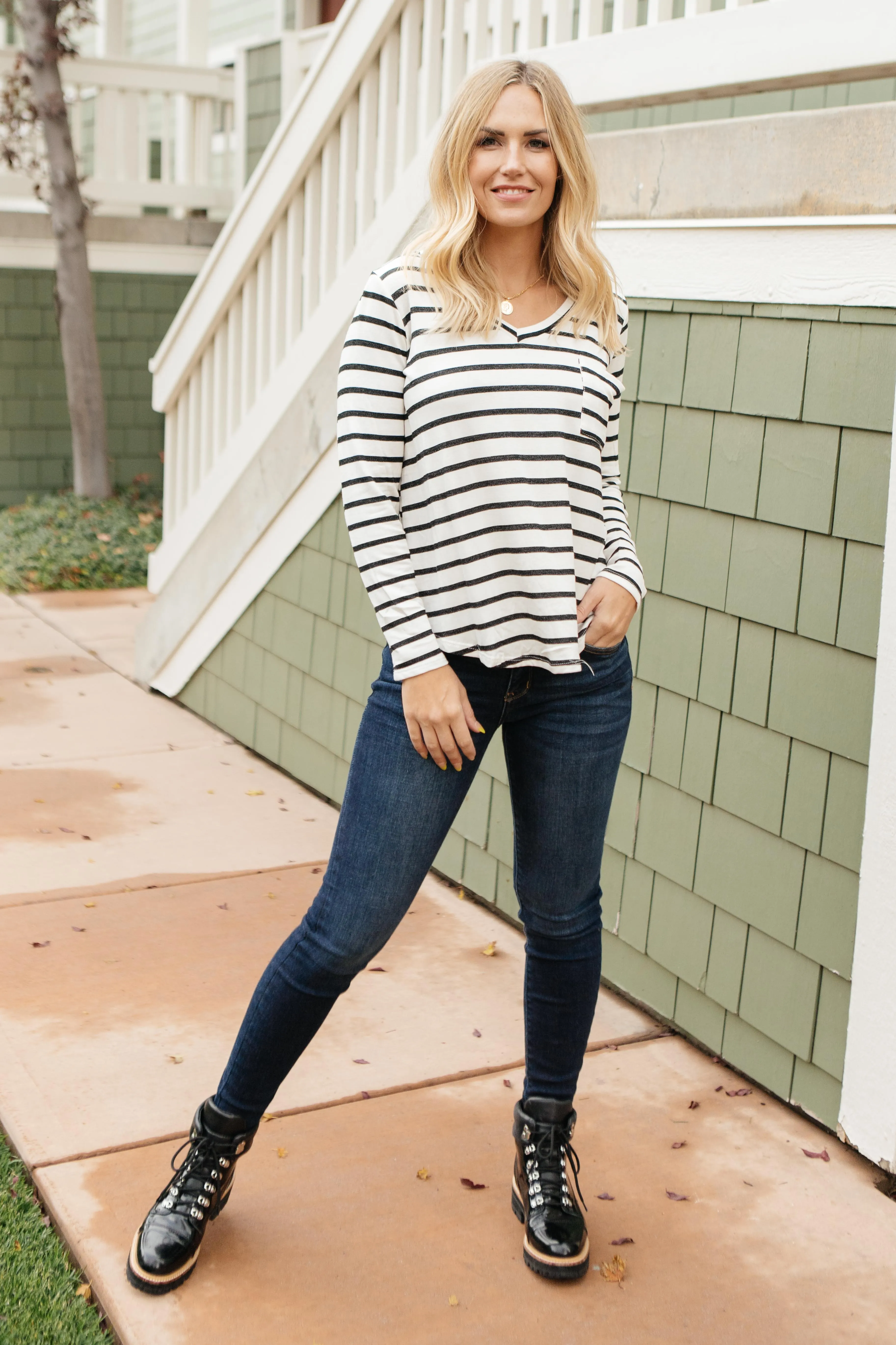 Basically Striped Long Sleeve Top in Ivory and Black - On Hand