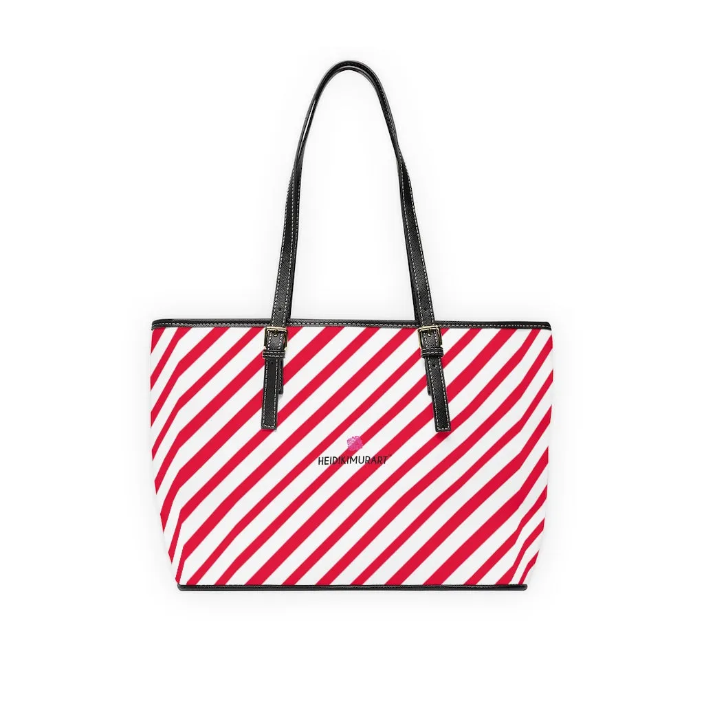 Best Red Stripes Tote Bag, Best Striped PU Leather Shoulder Large Hand Work Bag 17"x11"/ 16"x10"