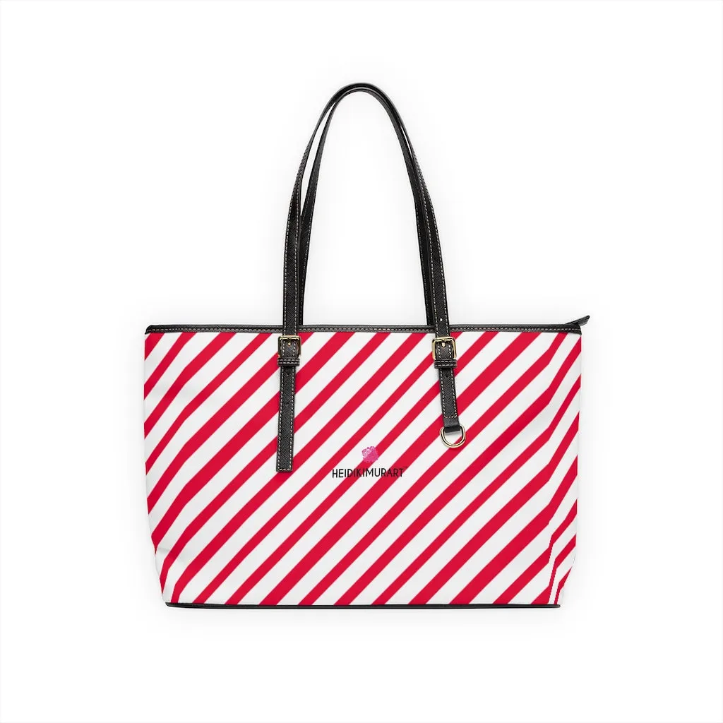 Best Red Stripes Tote Bag, Best Striped PU Leather Shoulder Large Hand Work Bag 17"x11"/ 16"x10"