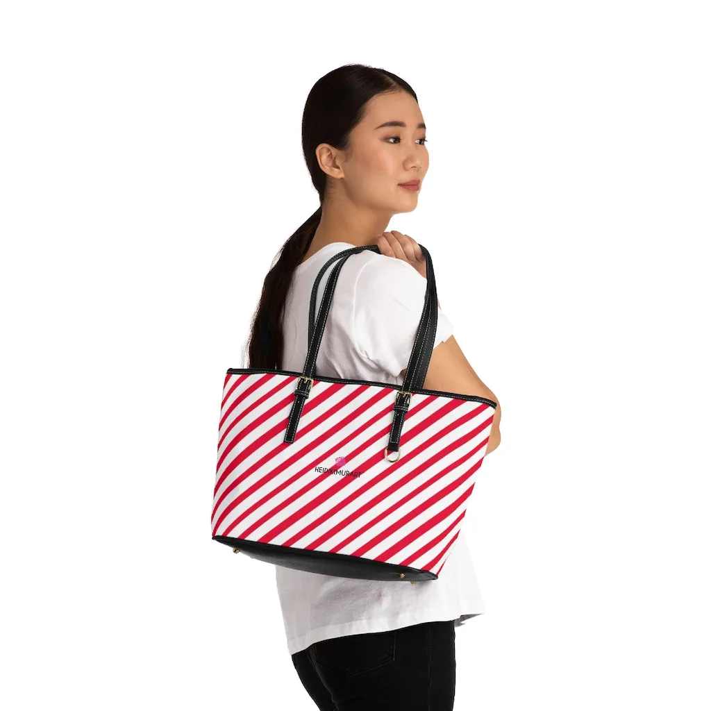 Best Red Stripes Tote Bag, Best Striped PU Leather Shoulder Large Hand Work Bag 17"x11"/ 16"x10"