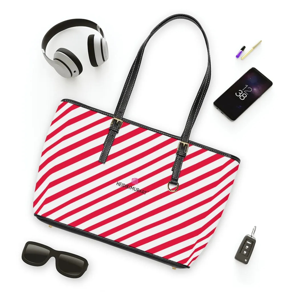 Best Red Stripes Tote Bag, Best Striped PU Leather Shoulder Large Hand Work Bag 17"x11"/ 16"x10"