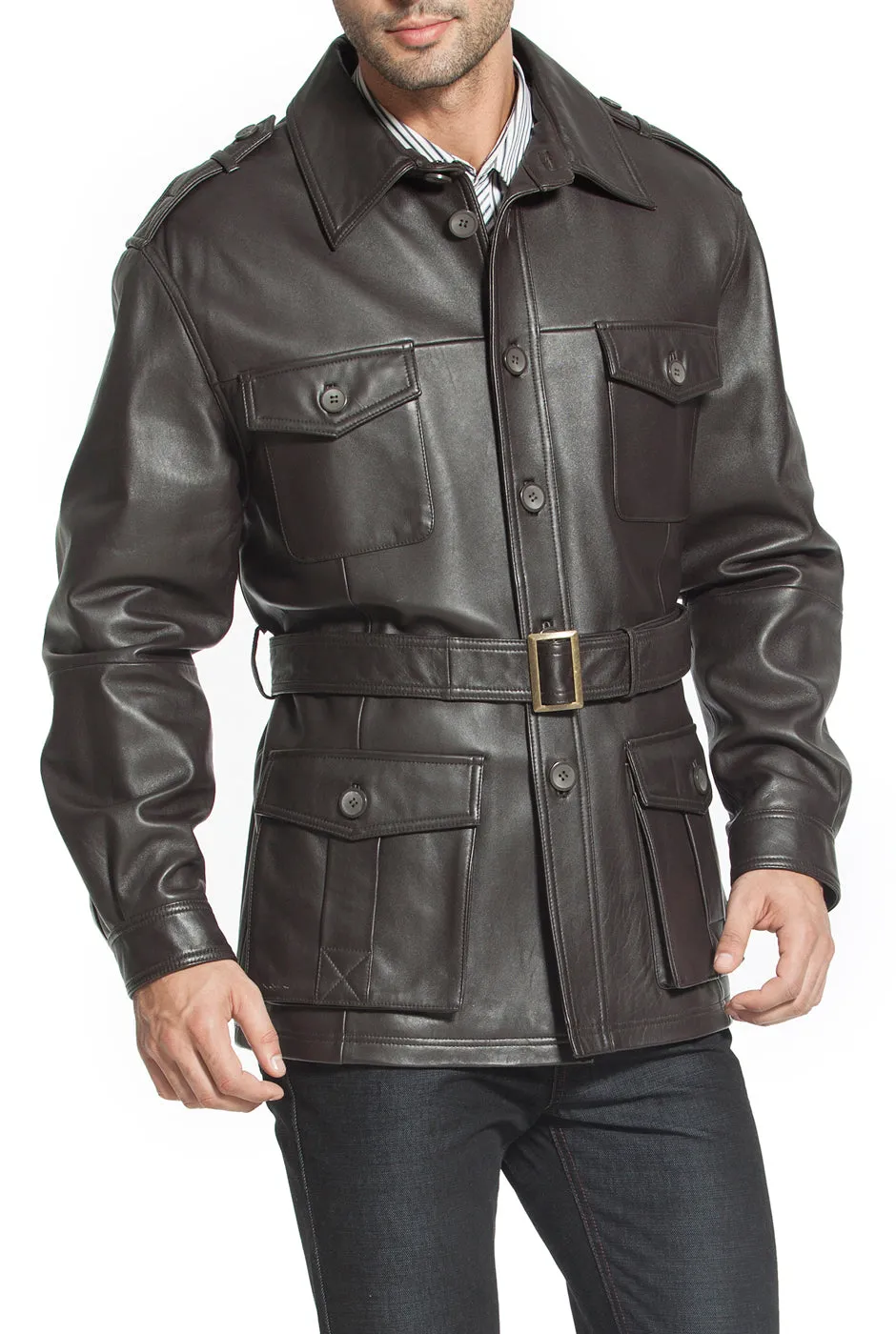 BGSD Men Charles Military Style Lambskin Leather Trench Coat