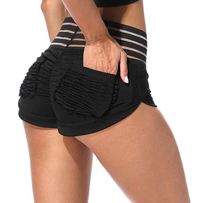 Black High Waist Ruched Butt Lifting Pocket Shorts