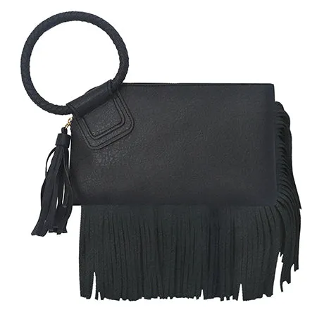 Black NGIL Faux Leather Fringe Wristlet