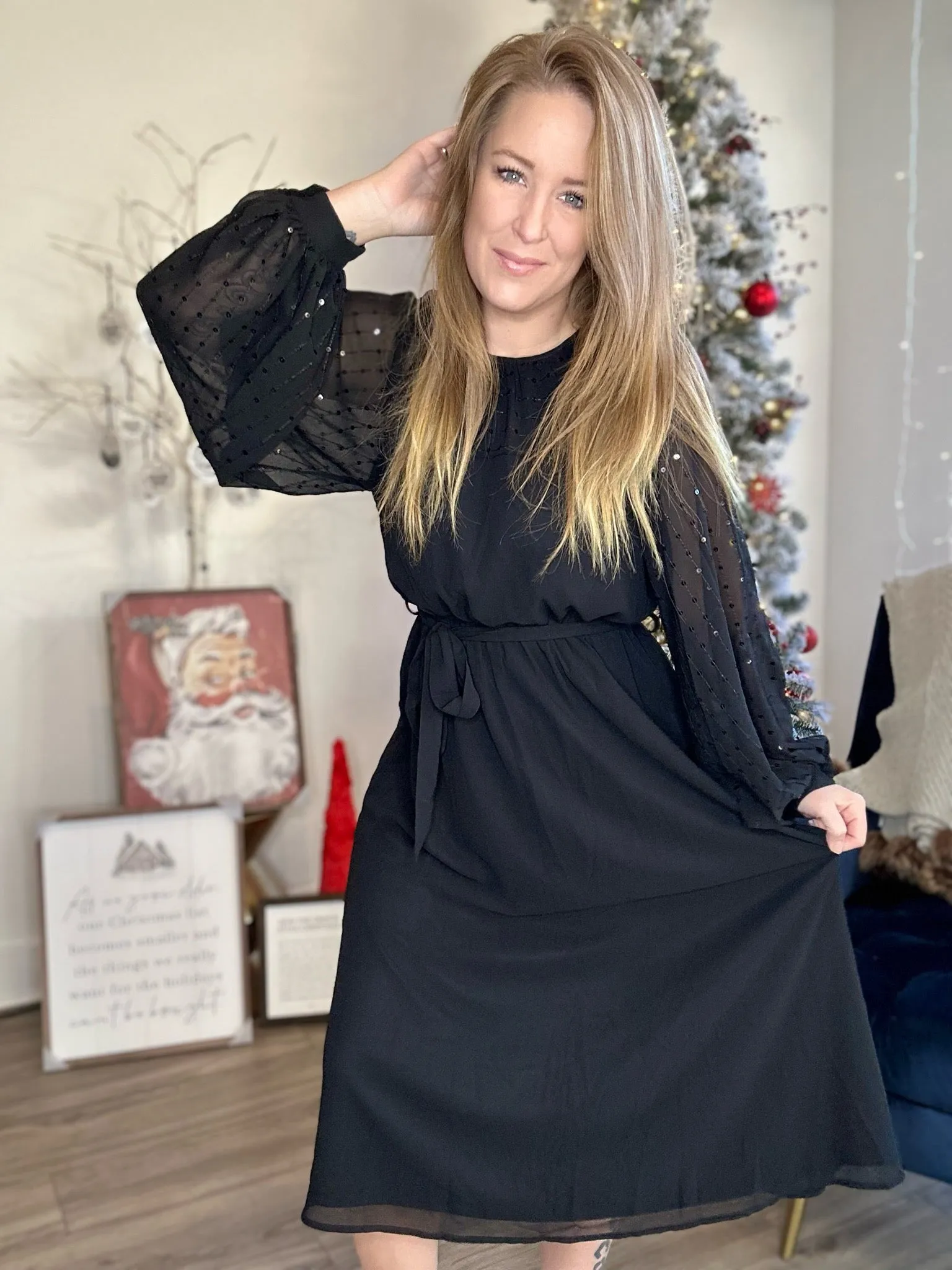 Black Sequin Tie Waist Dress