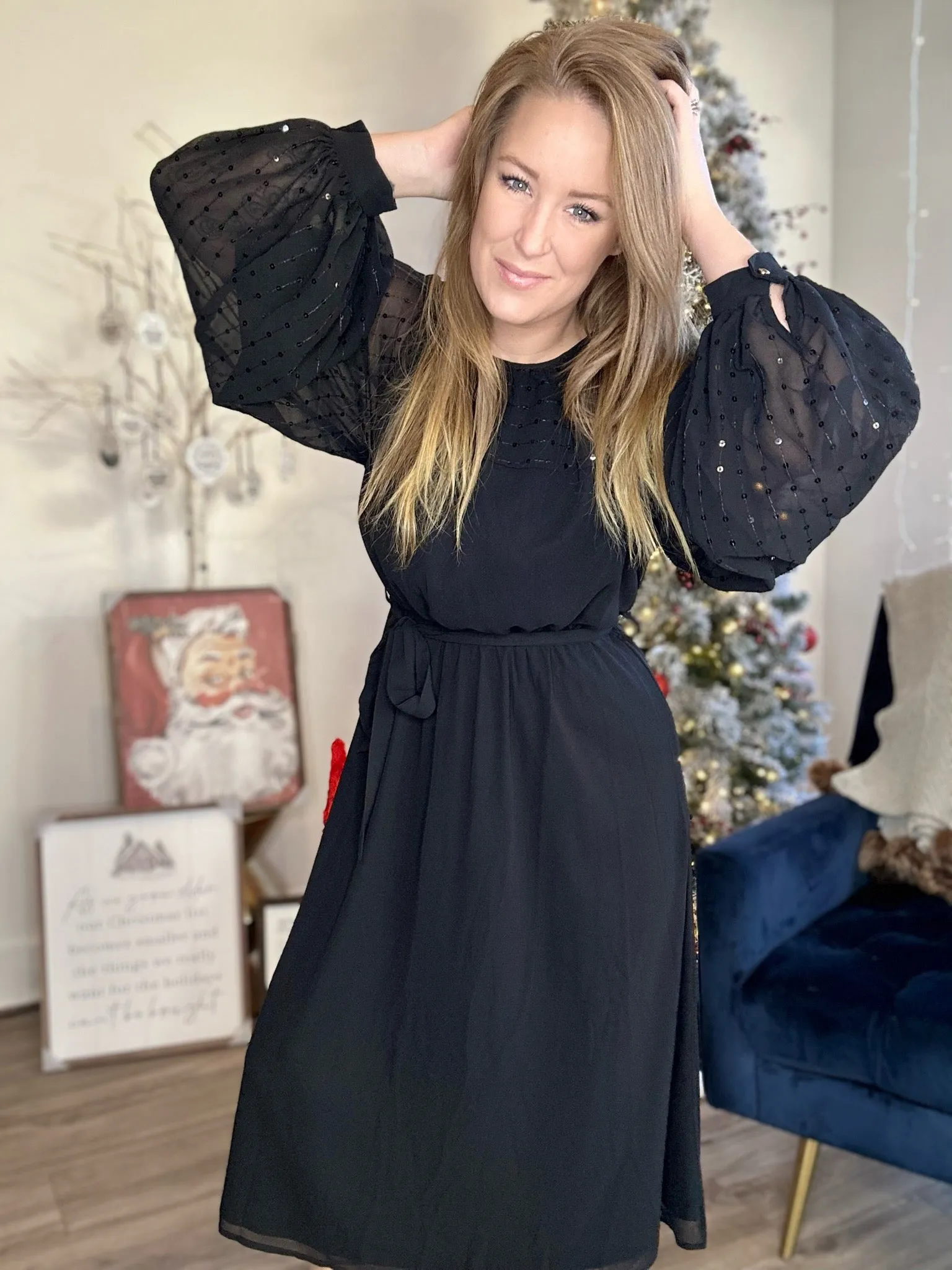 Black Sequin Tie Waist Dress