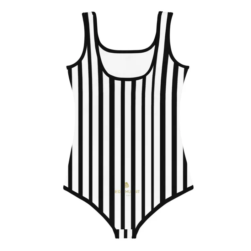 Black Striped Girl's Swimsuits, White Vertical Stripe Print Premium Kids Sports Swimsuit