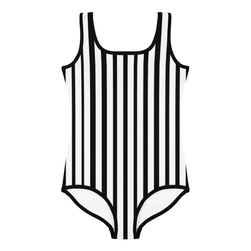 Black Striped Girl's Swimsuits, White Vertical Stripe Print Premium Kids Sports Swimsuit