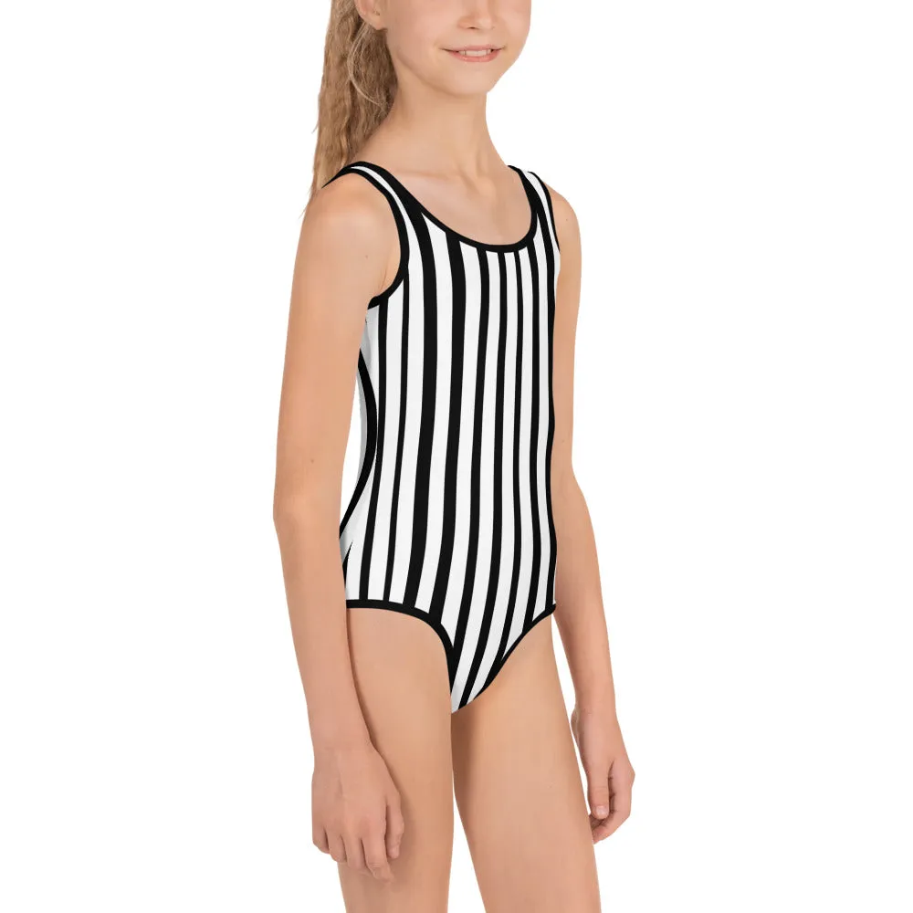 Black Striped Girl's Swimsuits, White Vertical Stripe Print Premium Kids Sports Swimsuit