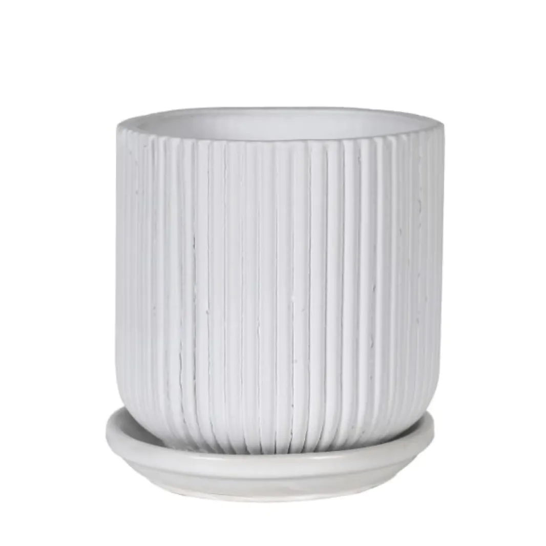 Ceramic Ribbed Plant Pot & Saucer