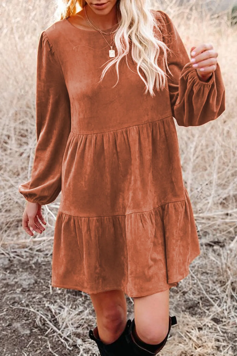 Chestnut Faux Suede Tiered Babydoll Dress