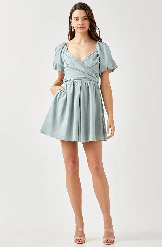 Cross Wrap Front Puff Sleeve Dress