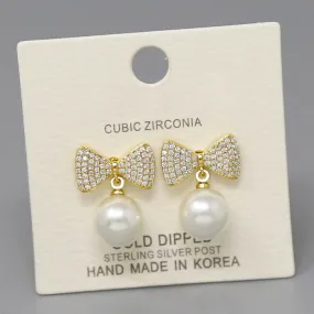 CZ Pave Bow With Pearl Drop Earrings