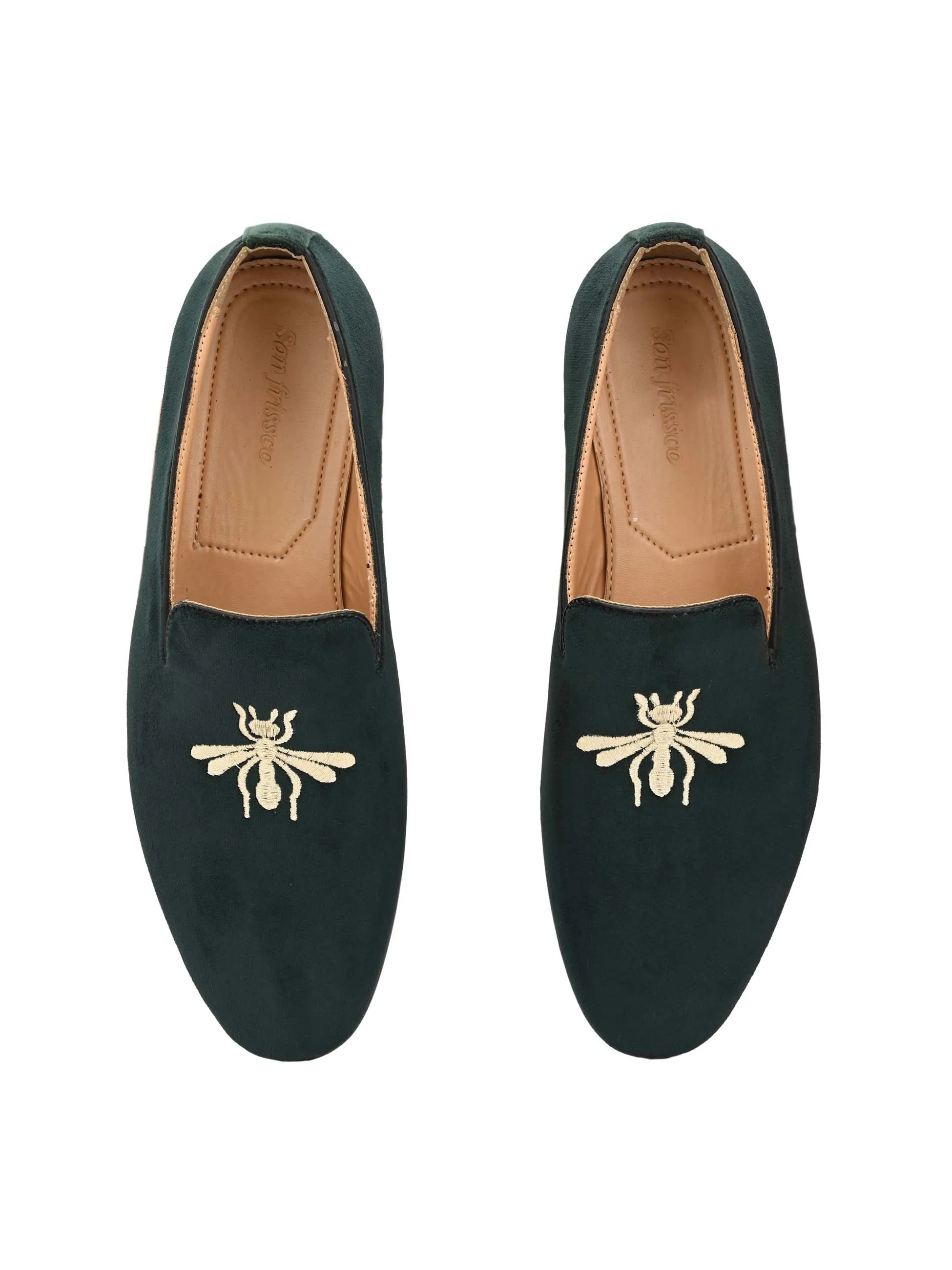 Dark Green Embroidered Loafers