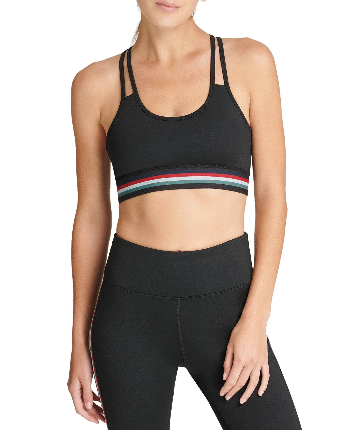 DKNY Sport Women's Stripe Racerback Mid-Impact Sports Bra, Black, L