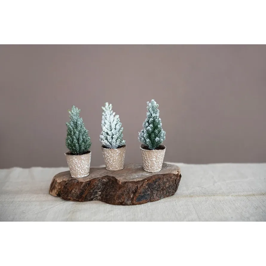 Faux Pine Tree in Paper Pot, Ice Finish, 3 Styles