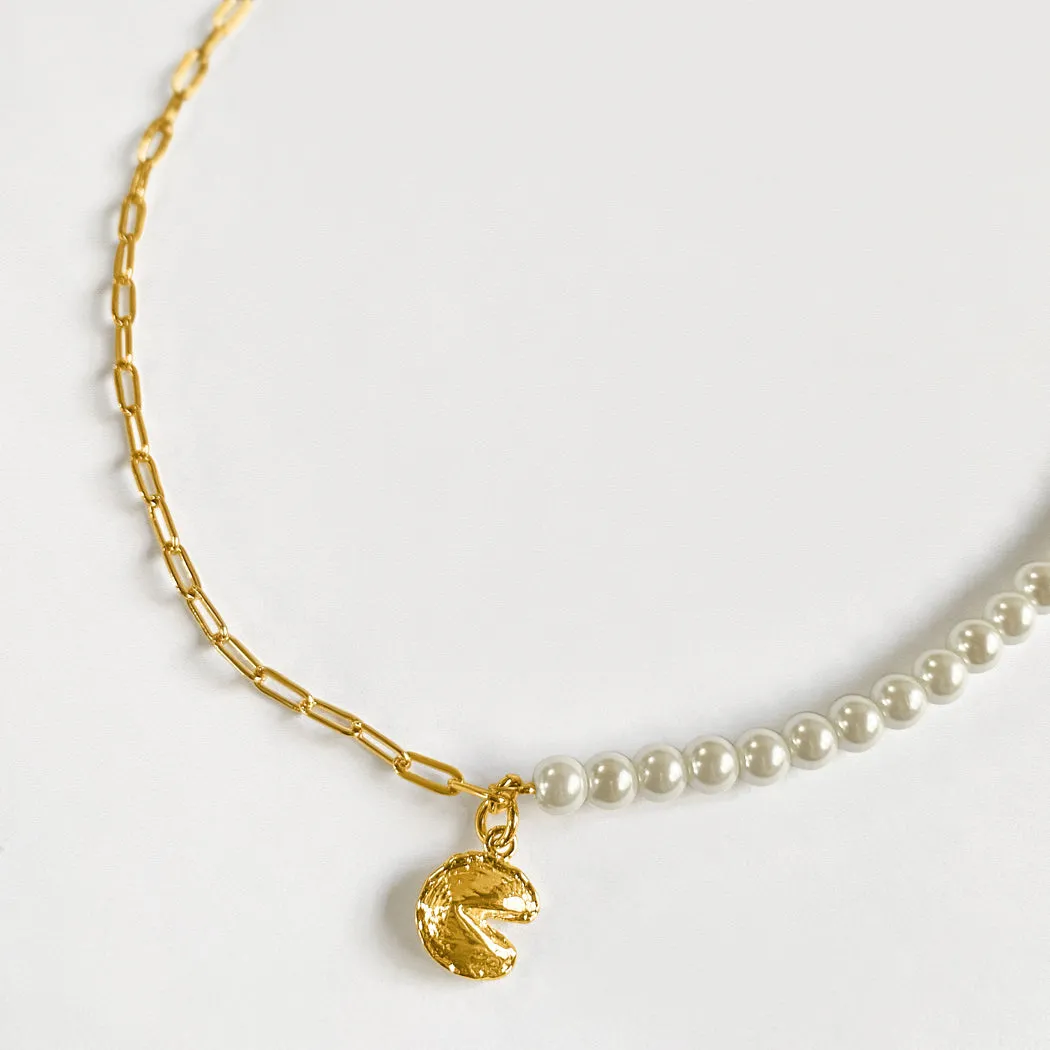 Fortune Cookie Pearl Necklace - Gold