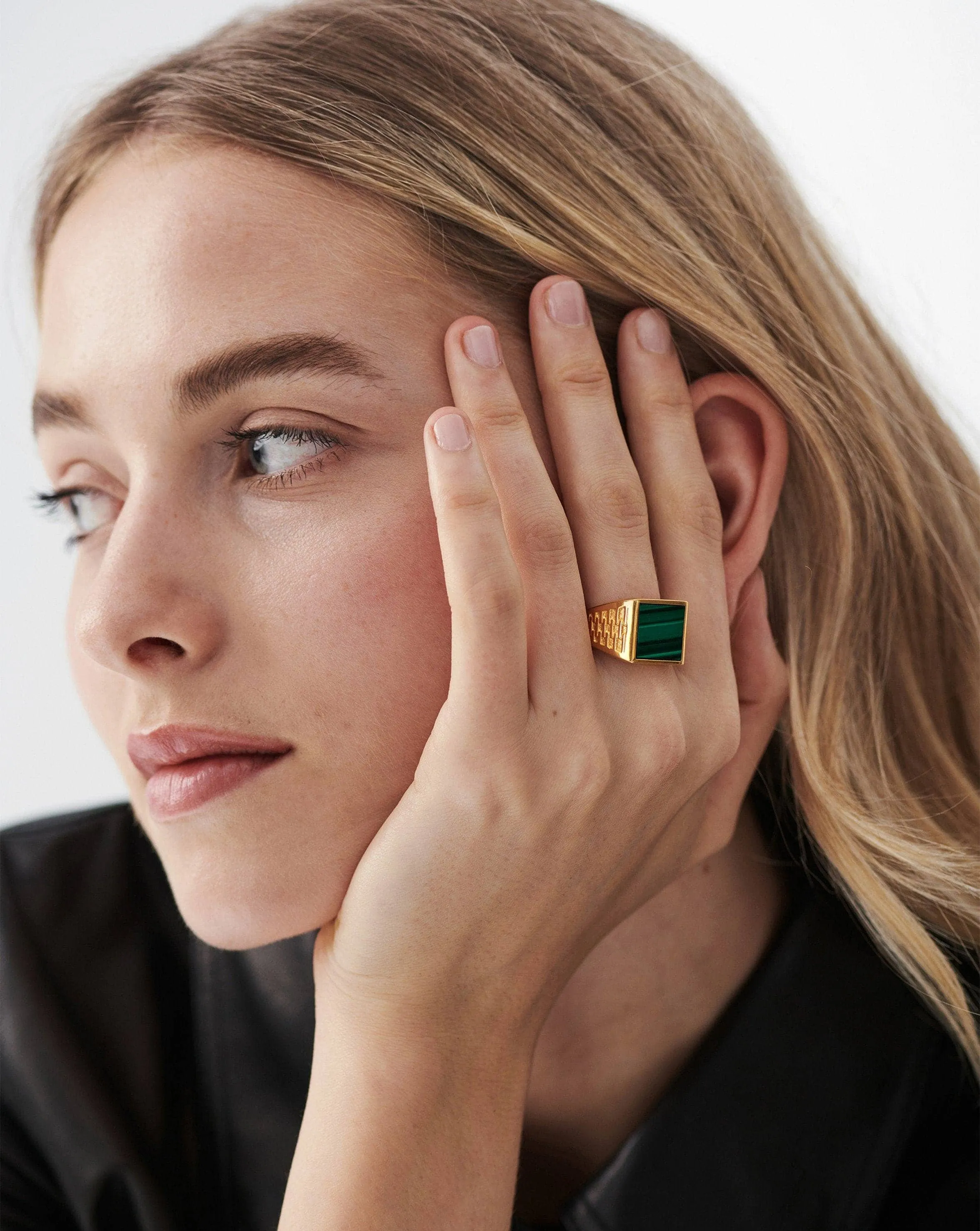 Fused Woven Gemstone Square Signet Ring | 18ct Gold Plated Vermeil/Malachite