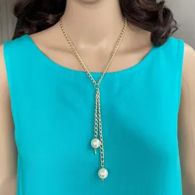 Gold Chain and Pearl Lariat Necklace