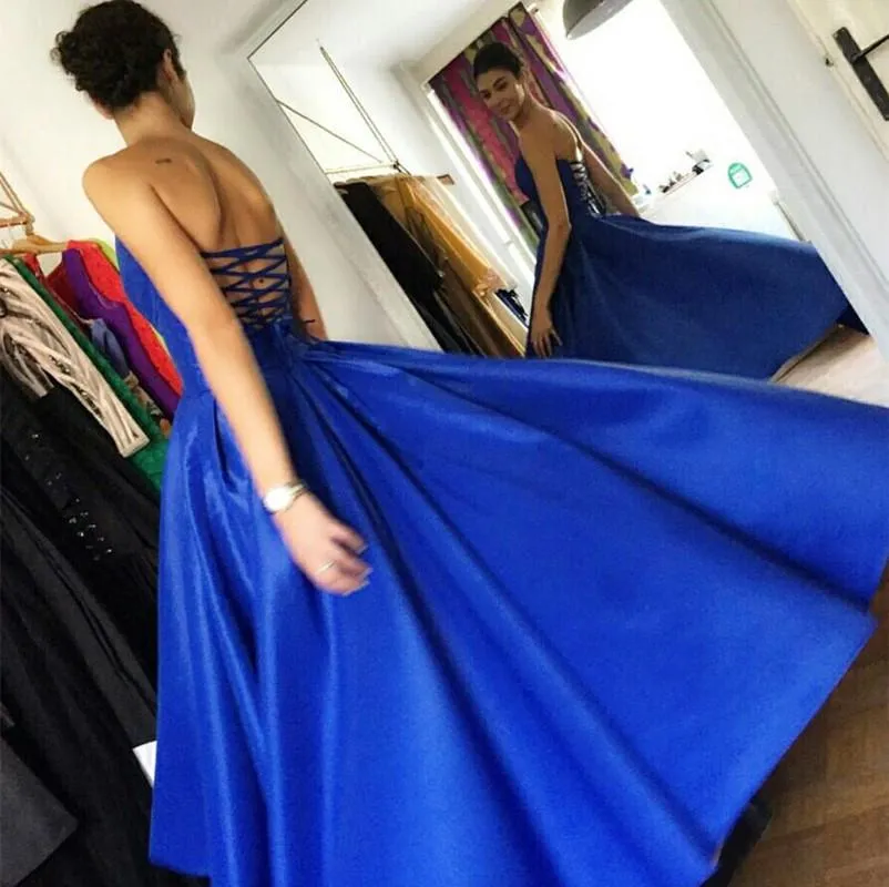 High Low Hem Style Satin Royal Blue Prom Dresses