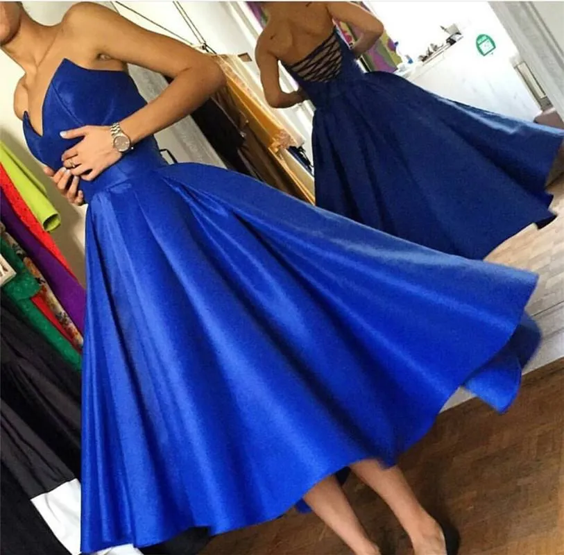 High Low Hem Style Satin Royal Blue Prom Dresses