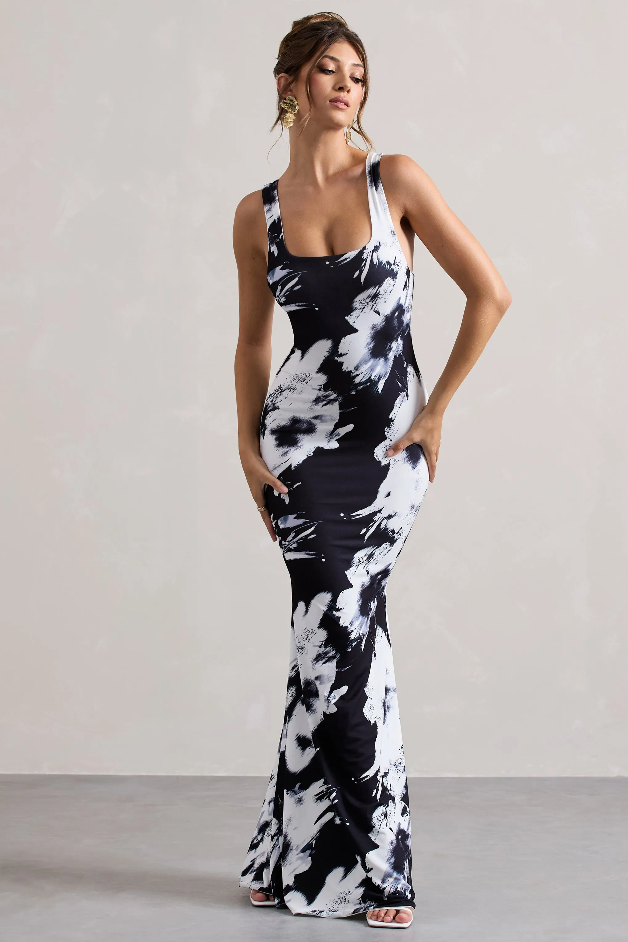 Mahina | Robe longue floral monochrome à décolleté carré