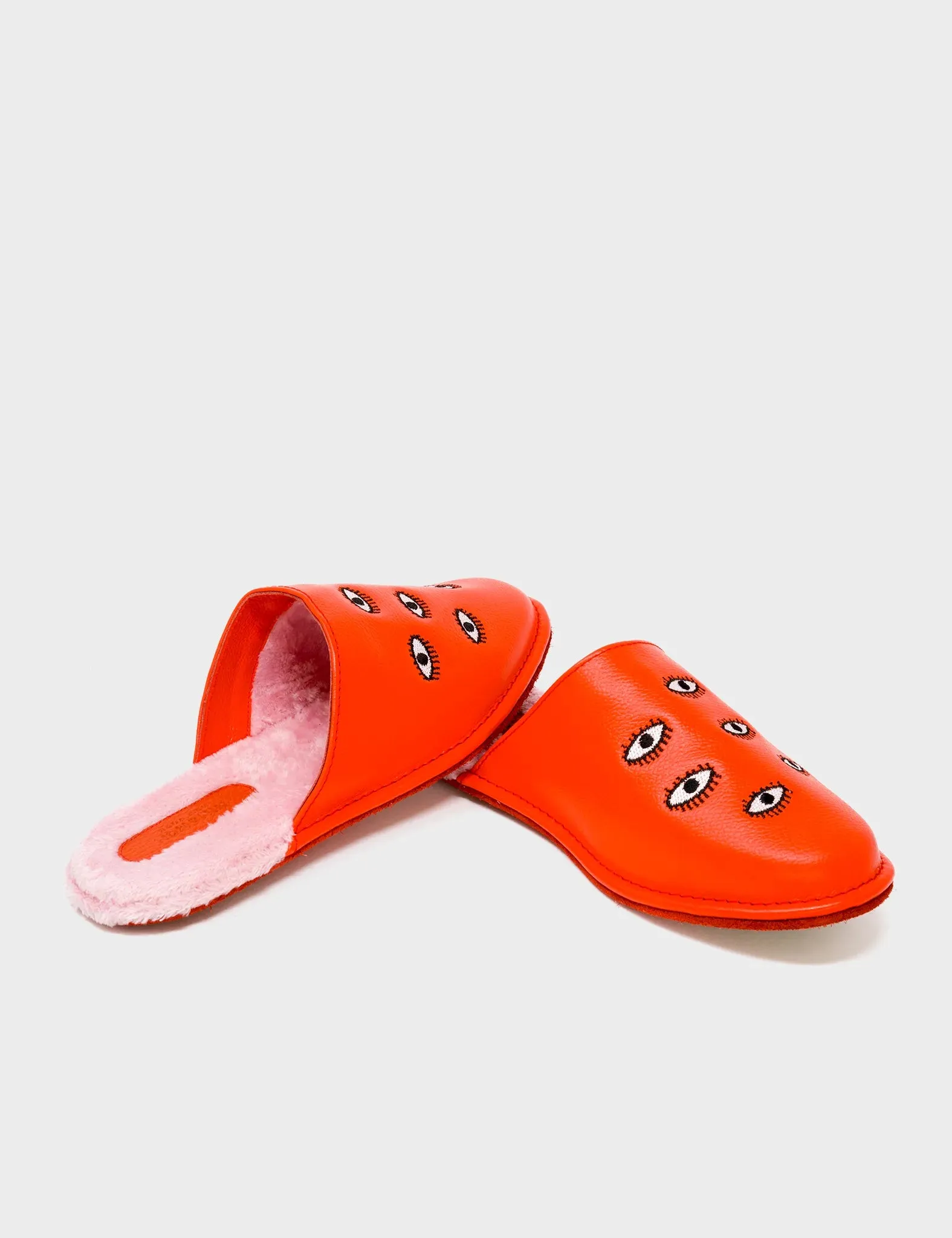 Marcelo Fiesta Red Leather Slippers - All Over Eyes Embroidery