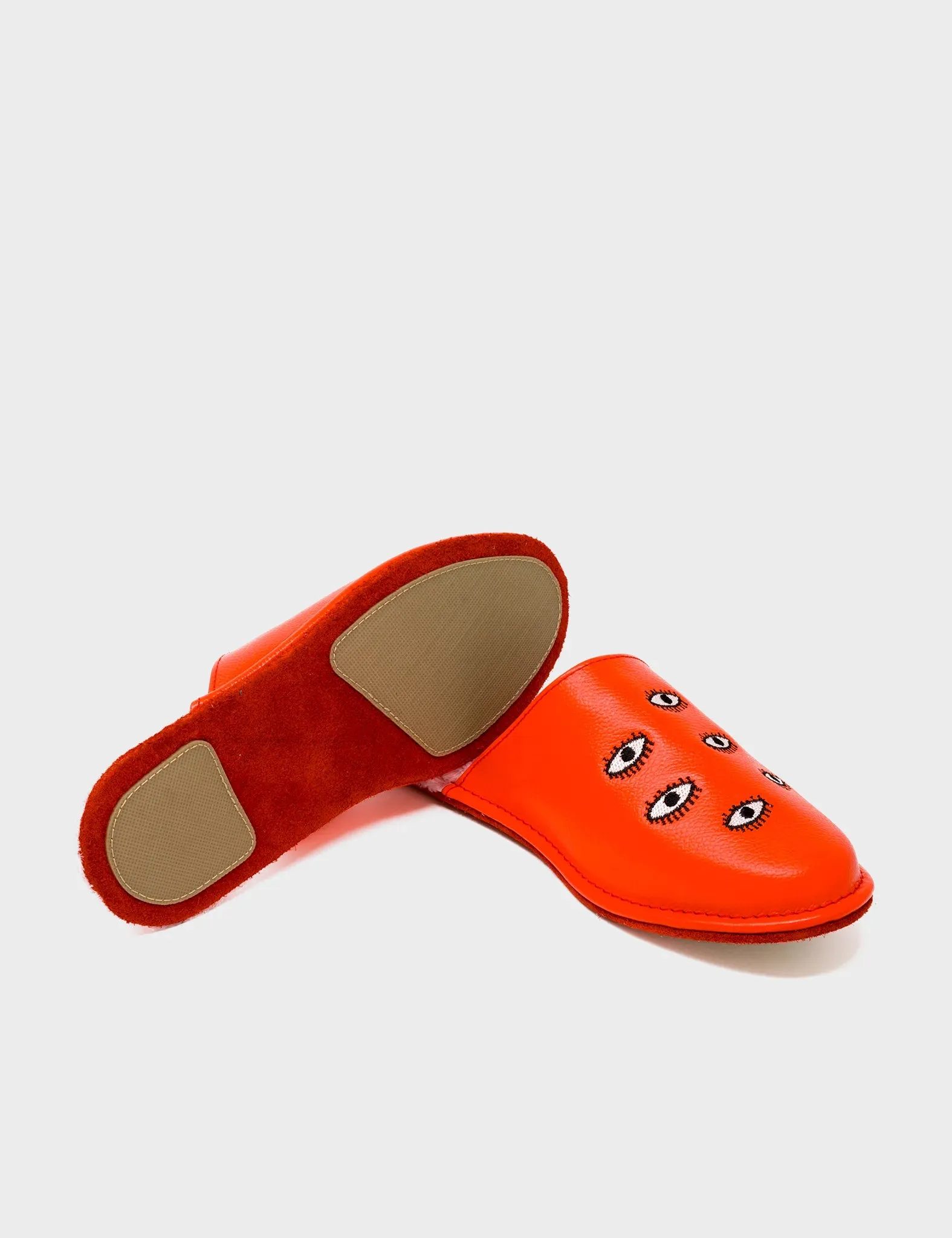 Marcelo Fiesta Red Leather Slippers - All Over Eyes Embroidery