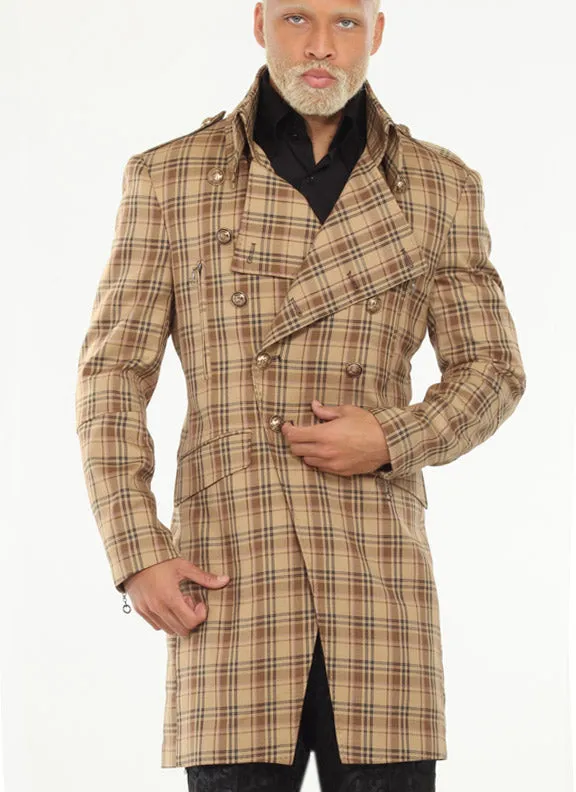 men long coat, plaid brown