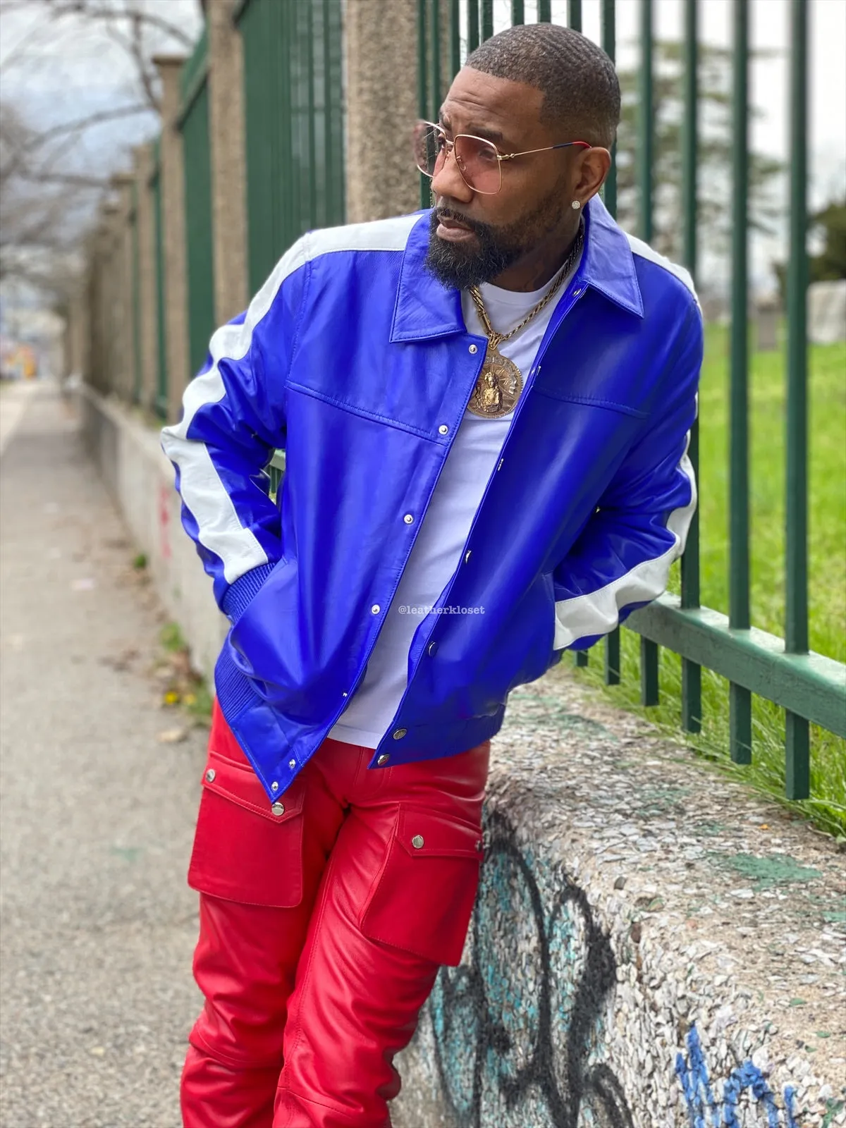 Men's Leather Track Jacket And Pants Set [Royal Blue/Red]