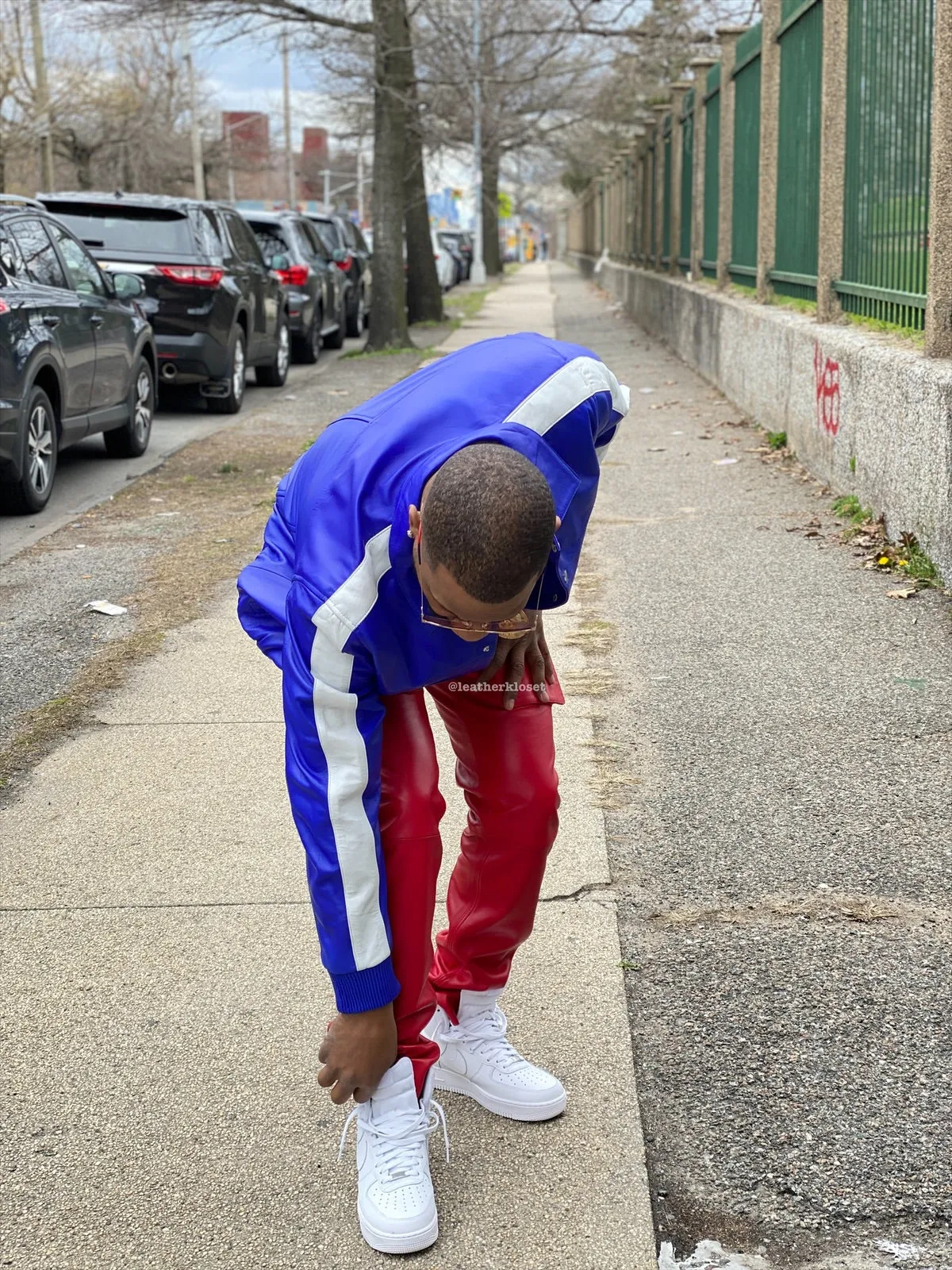 Men's Leather Track Jacket And Pants Set [Royal Blue/Red]