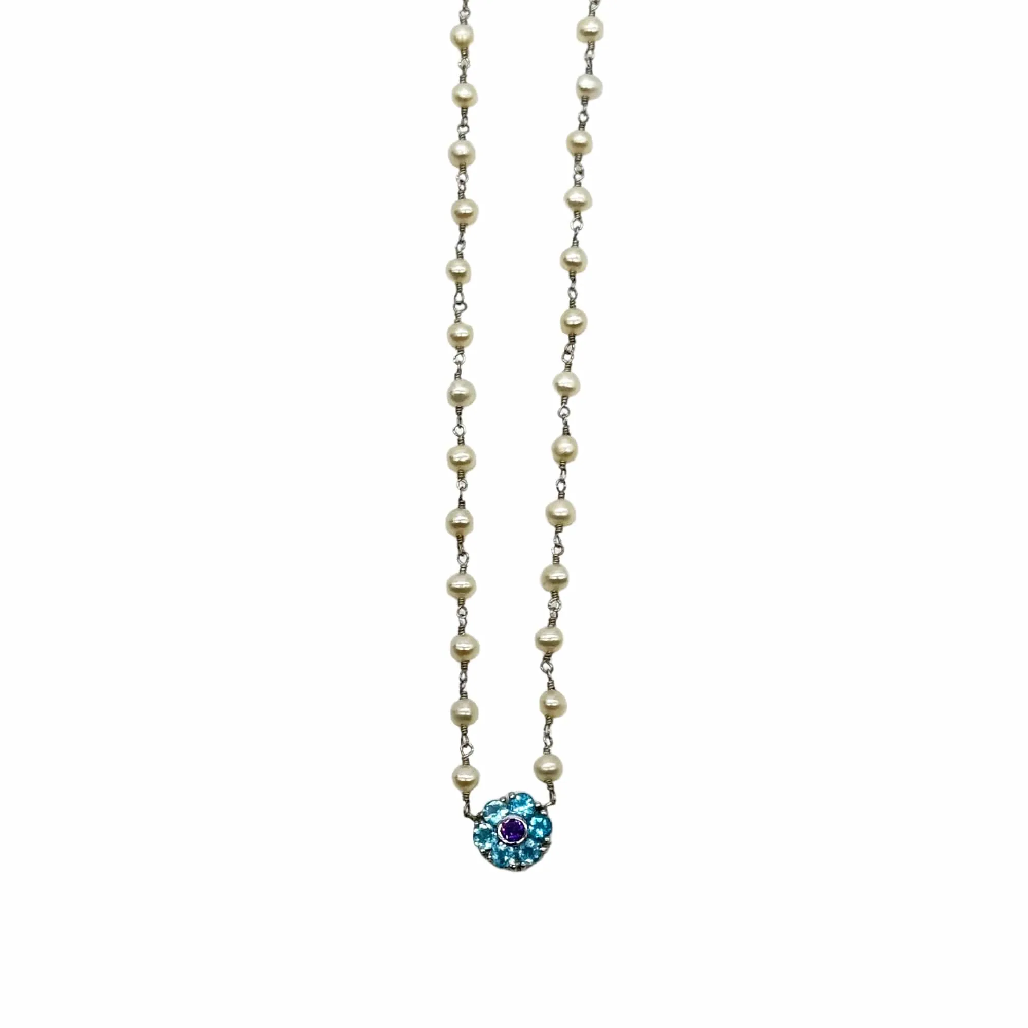 NECKLACE 14K White Gold & Pearls with Aquamarine & Amethyst Floral Pendant