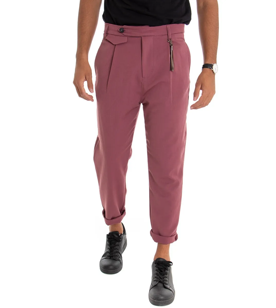 Pantaloni Uomo Classico Viscosa Tinta Unita Rosa Tasca America Con Pinces GIOSAL-P3873A