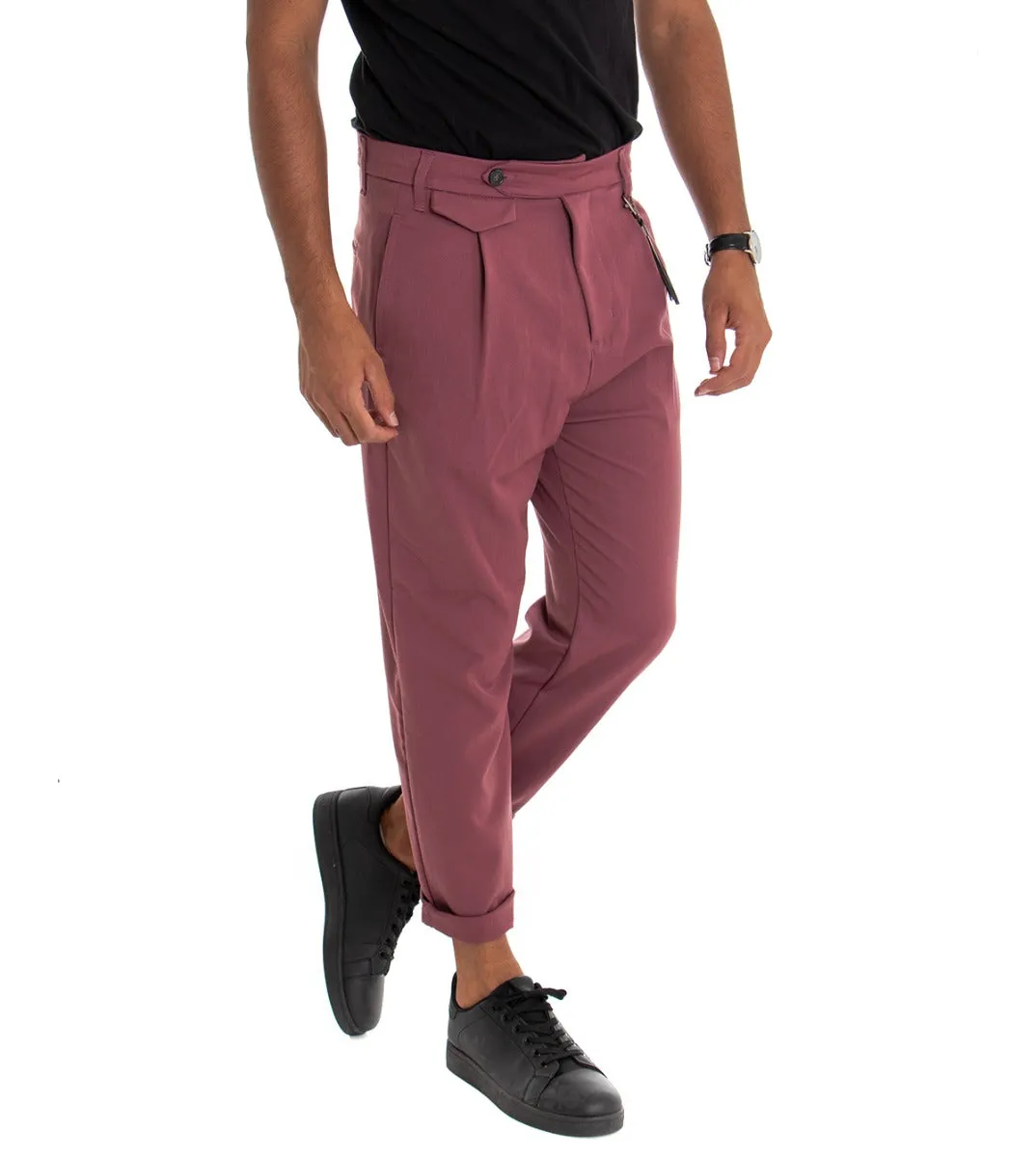 Pantaloni Uomo Classico Viscosa Tinta Unita Rosa Tasca America Con Pinces GIOSAL-P3873A