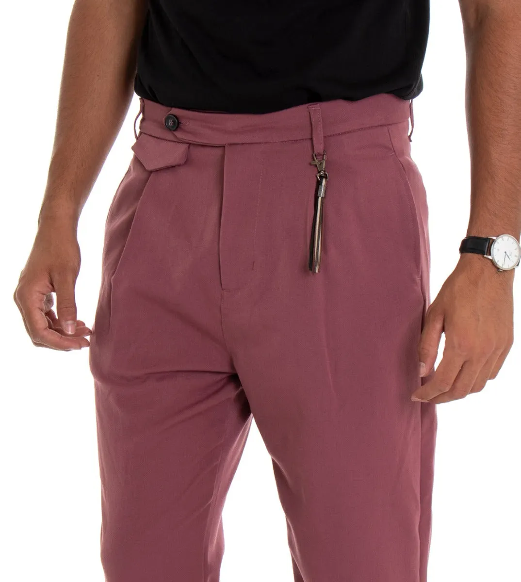 Pantaloni Uomo Classico Viscosa Tinta Unita Rosa Tasca America Con Pinces GIOSAL-P3873A