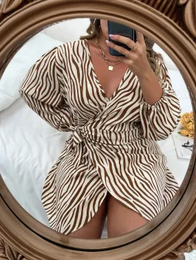 Plus Zebra Stripe Knot Side Wrap Dress