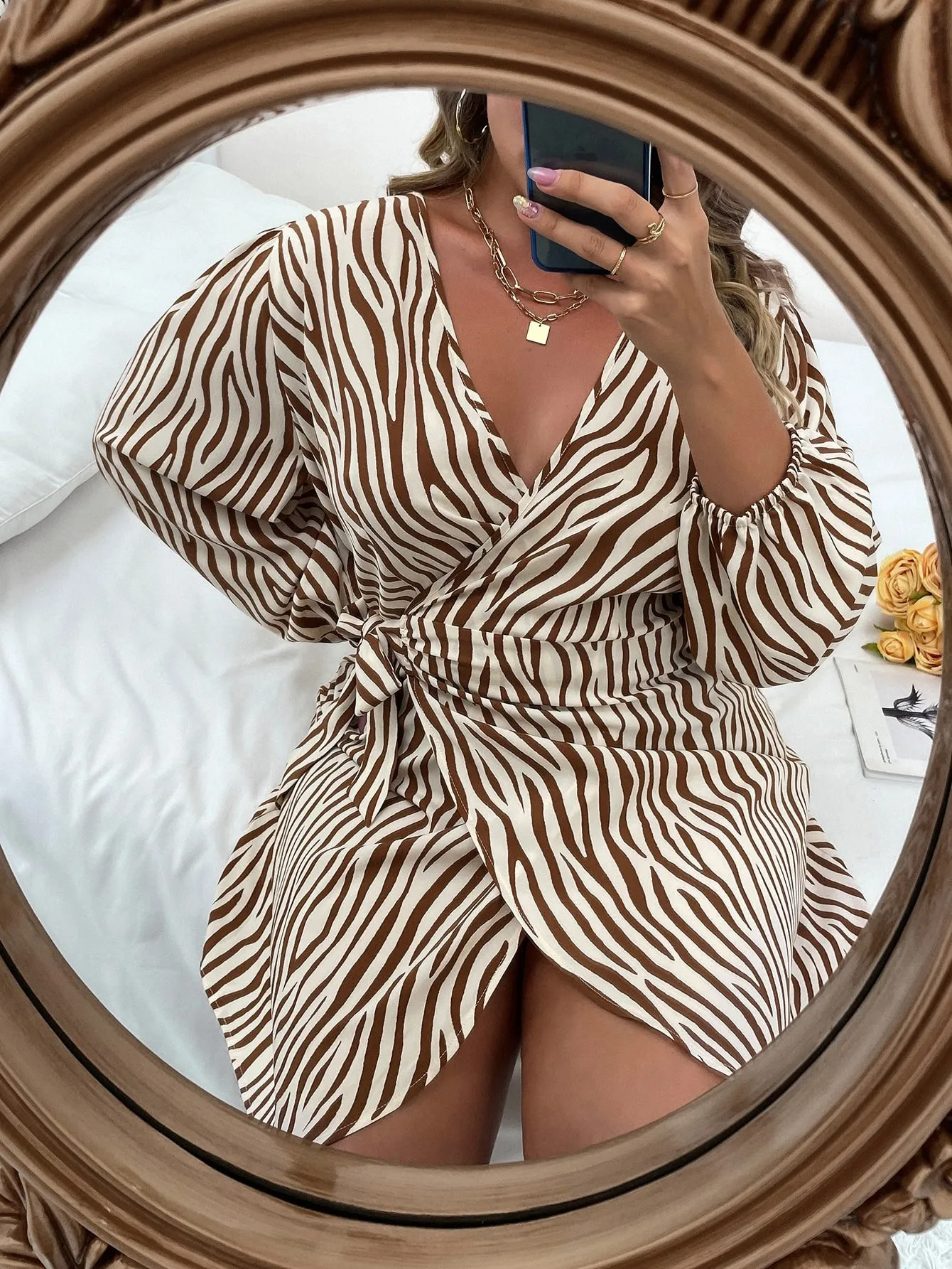 Plus Zebra Stripe Knot Side Wrap Dress