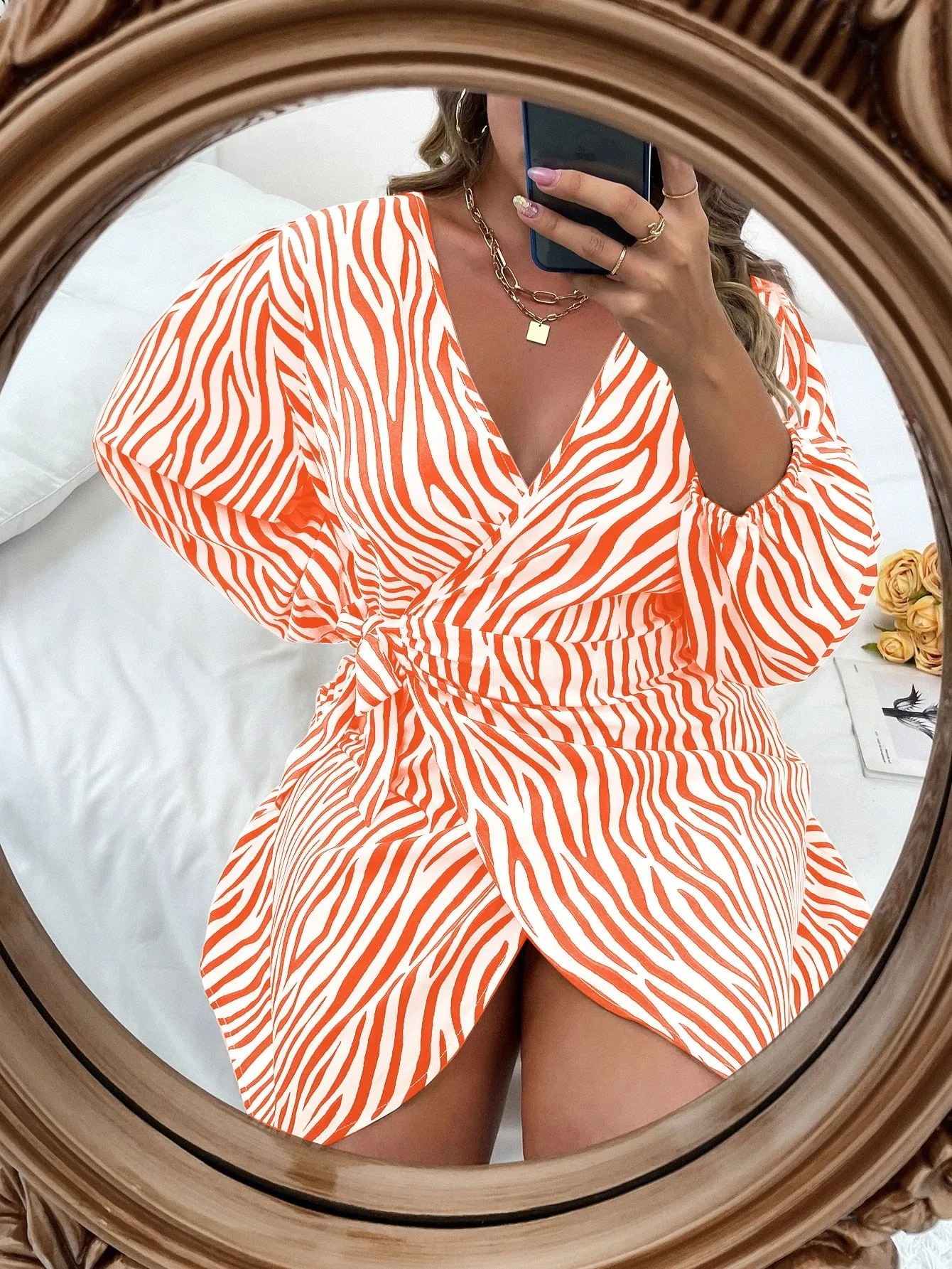 Plus Zebra Stripe Knot Side Wrap Dress