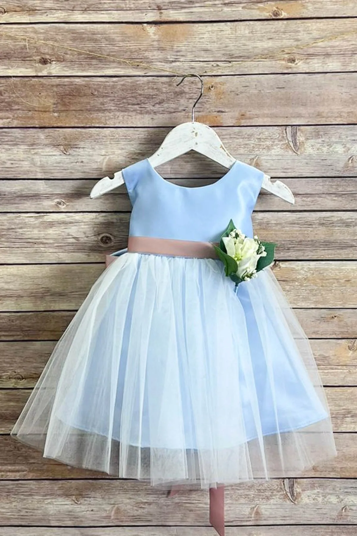 Rossybell Satin & Tulle Baby Dress with Satin Sash & Flower