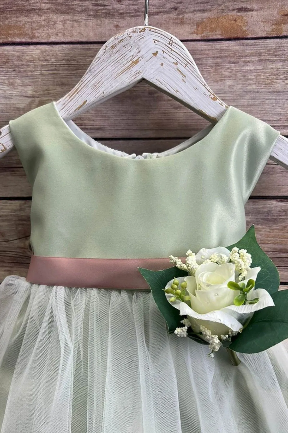 Rossybell Satin & Tulle Baby Dress with Satin Sash & Flower