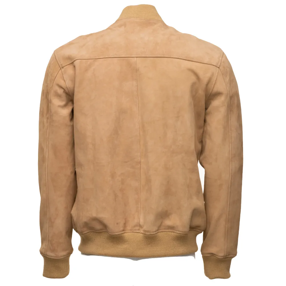 Sandy Beige Suede Bomber leather jacket with ribbed cuffs