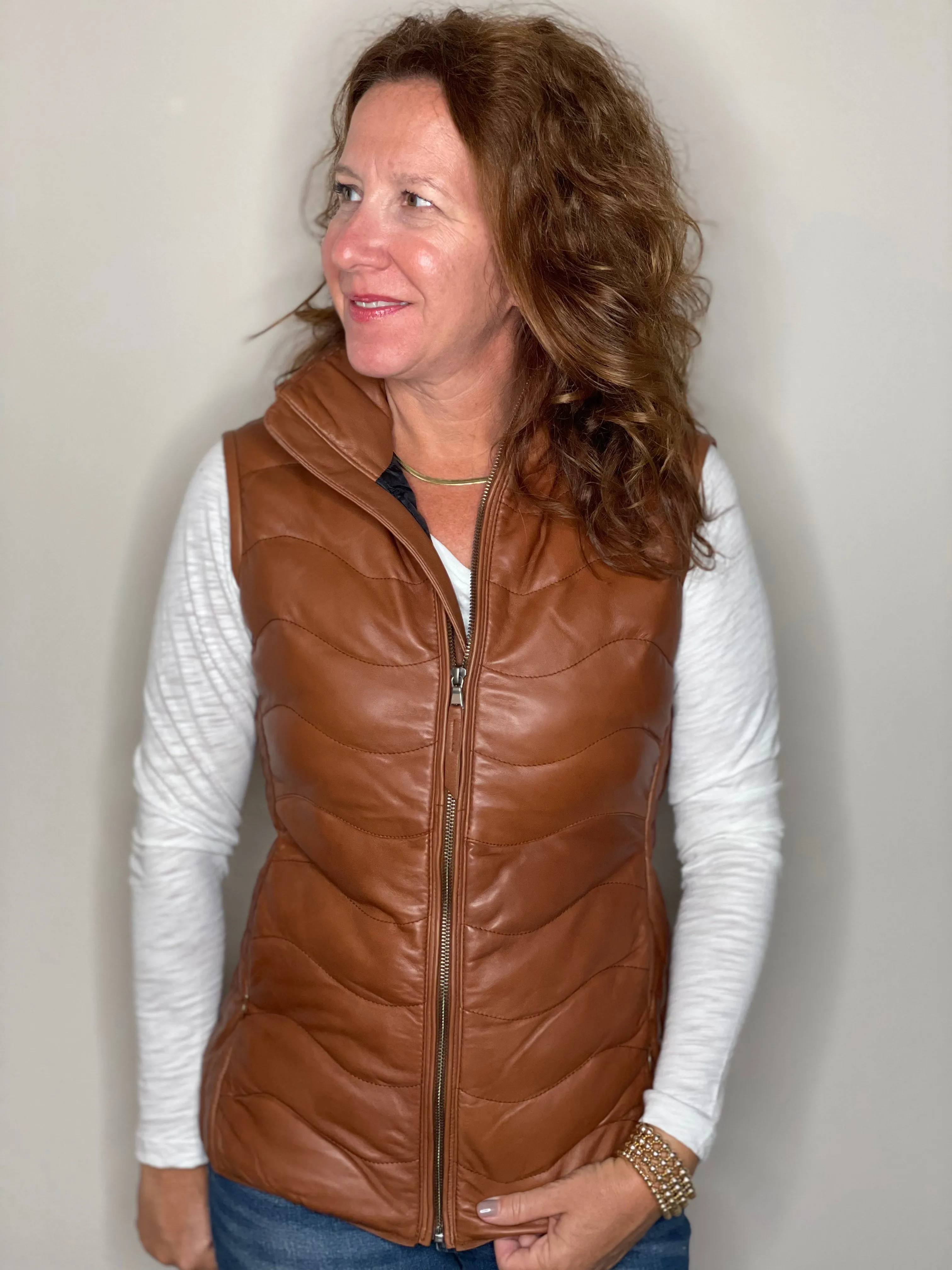 Scully Leather Puffer Vest in Cognac