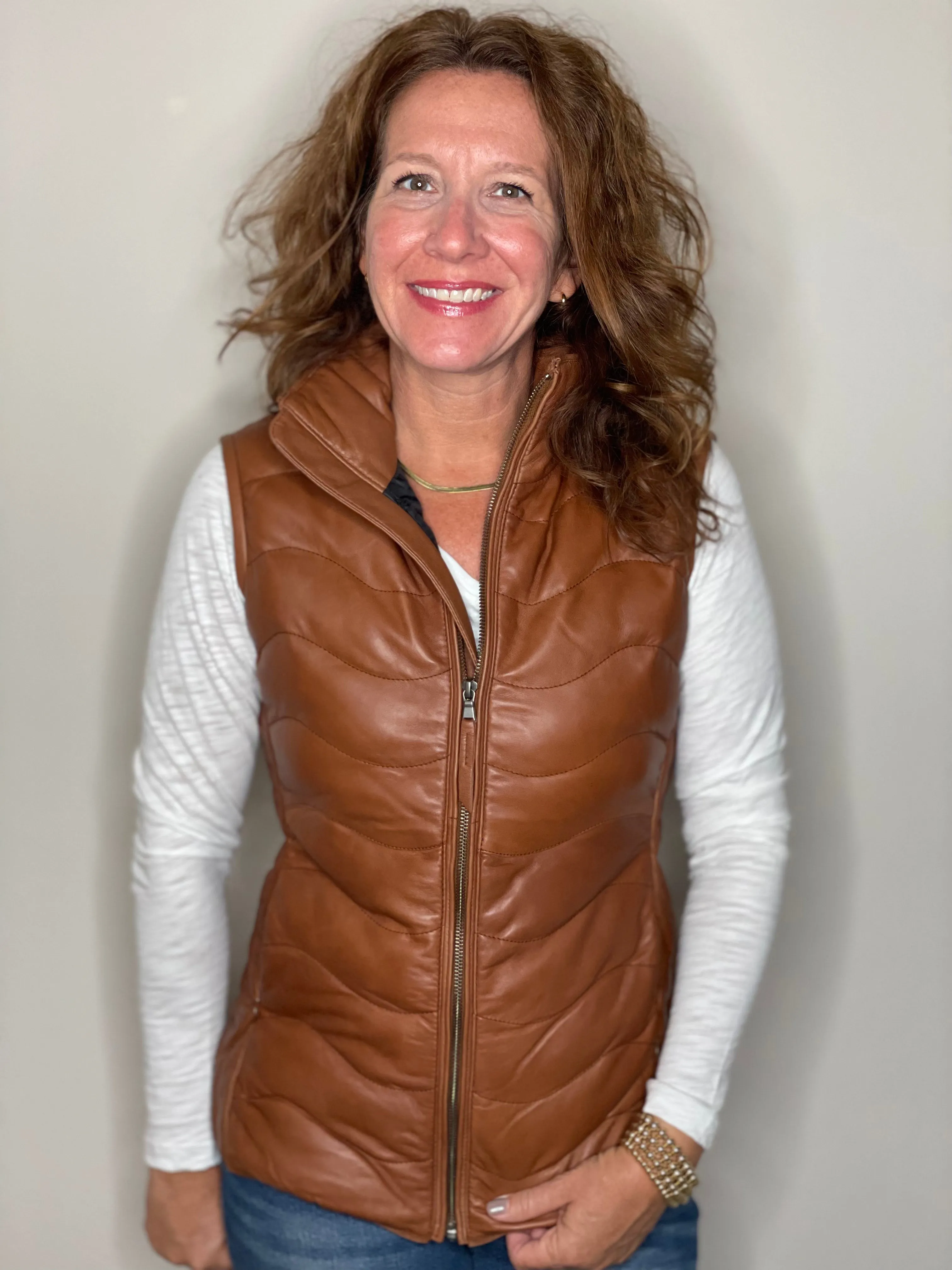 Scully Leather Puffer Vest in Cognac