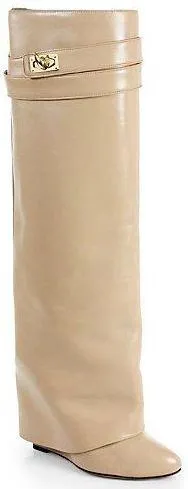 'Shark Lock' Wedge Knee Leather Boots in Beige