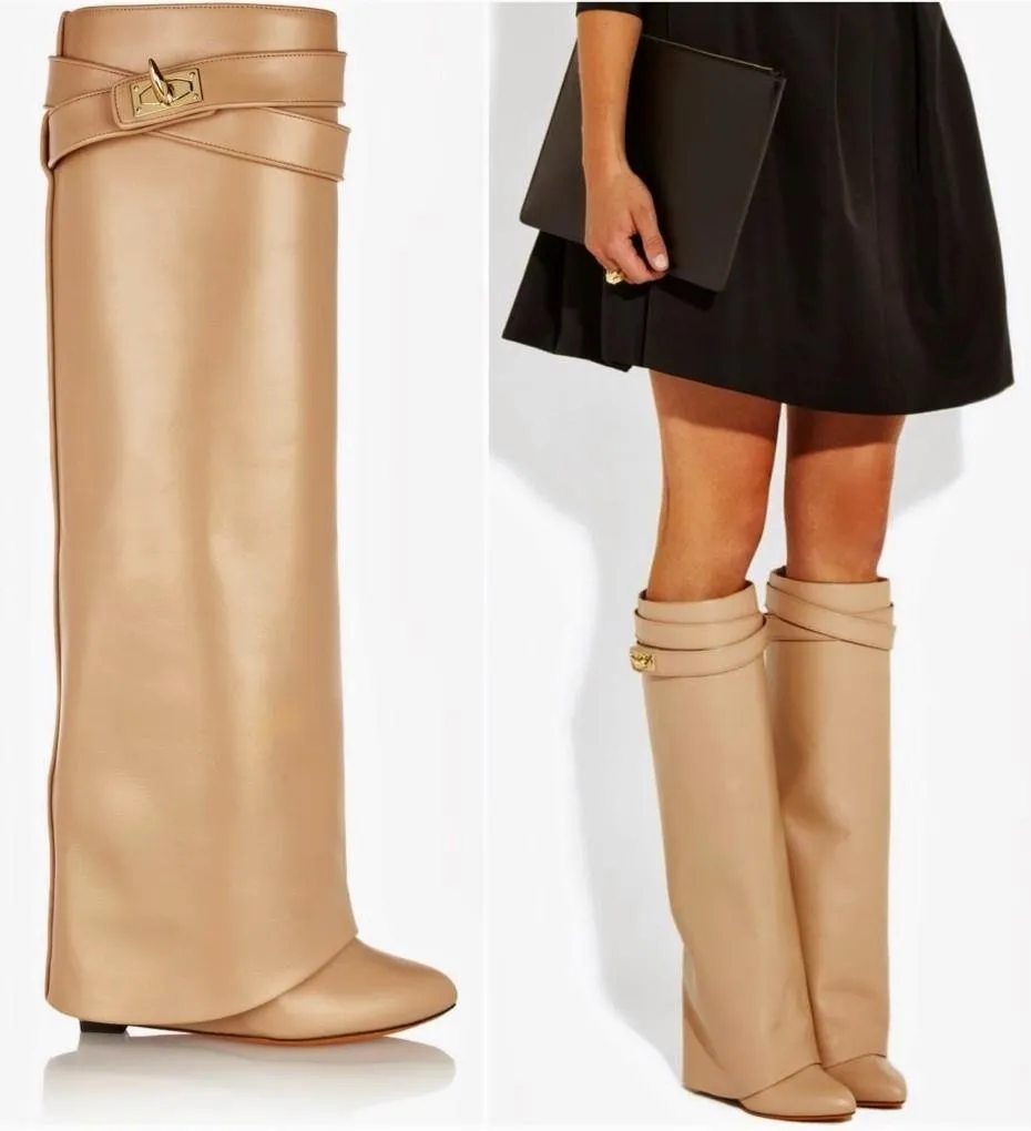 'Shark Lock' Wedge Knee Leather Boots in Beige